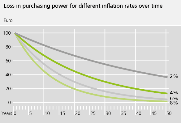 Loss of purchasing power at different inflation rates over time