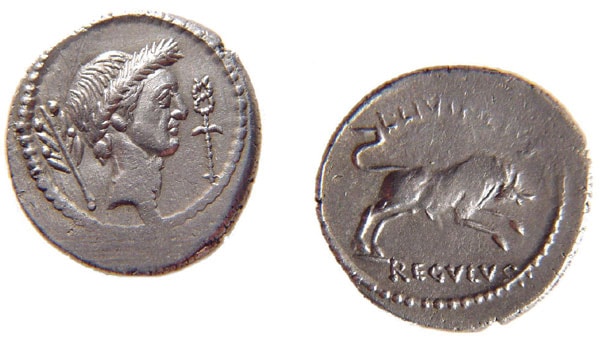 Roemische Muenze mit dem Bildnis Caesars